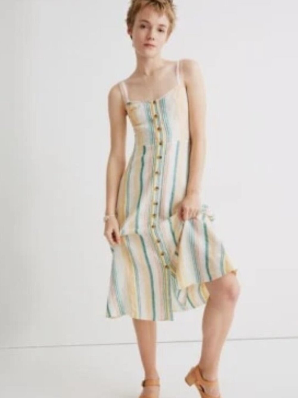 MADEWELL SUMMER COLORFUL STRIPED LINEN FITTED BODICE BUTTON FRONT MIDI DRESS